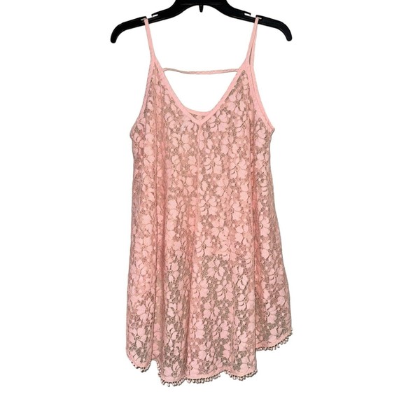 POOF Lace Strappy‎ Camisole Scoop Neck Sheer Top Size S Pink High-Lo Swing - Picture 2 of 8